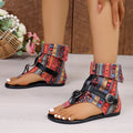 2026 Women Sandals Summer Clip Toe Roman Denim Belt Buckle Flat Boots Zpaxo Red 42