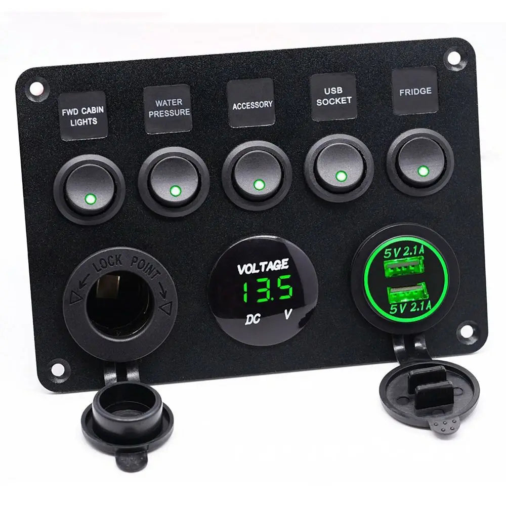 Red/Green/Blue Lights 5 Gang Switch Panel Dual USB Socket Waterproof Inline Fuse Box 12V/24V Digital Voltage Display Zpaxo