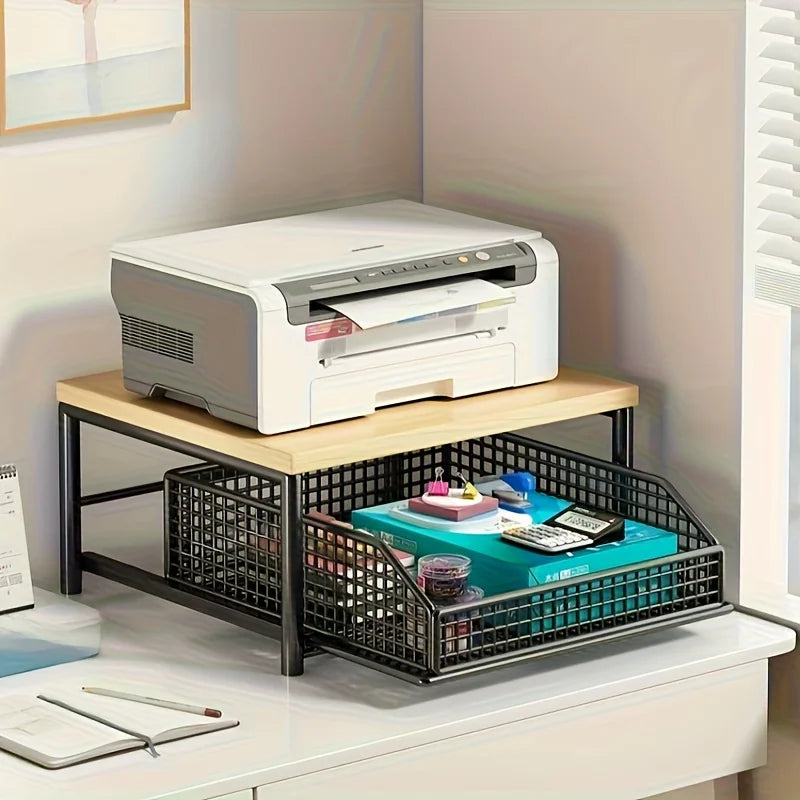 Maximize space! Sturdy hardwood shelf with drawer & wire basket. Perfect for coffee maker. Neat & compact. Zpaxo