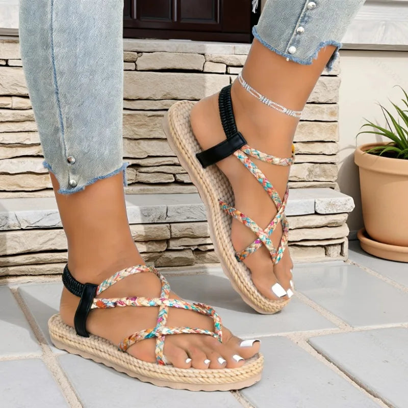Women Sandals Printed Cross Band Roman Shoes Woman Bohemian Style Braided Strap Flat Sandals Women Summer Clip Toe Beach Shoes Zpaxo Pink 43