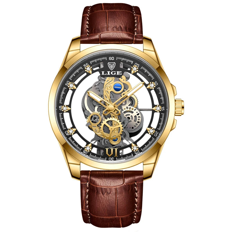2025 LIGE Men Watch Skeleton Automatic Quartz Watch Gold Skeleton Vintage Man Watch Mens Watches Top Brand Luxury часы мужские Zpaxo Gold black L