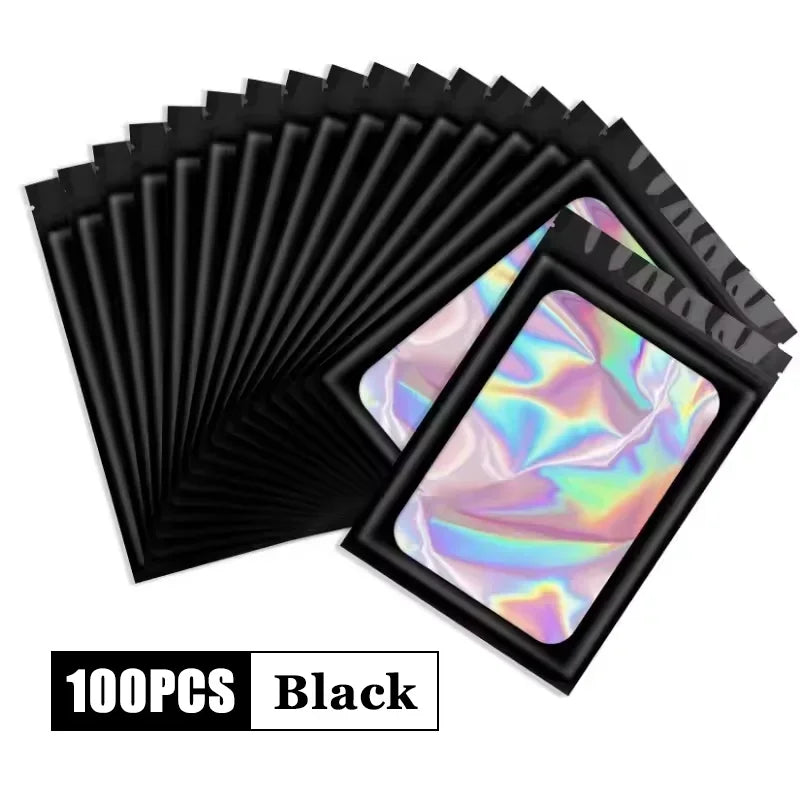 500Pcs Holographic Ziplock Bags Plastic Laser Iridescent Zip Bags for Manicure Eyelash Display Earrings Ring Jewelry Storage Bag Zpaxo Black 6x10 100PCS