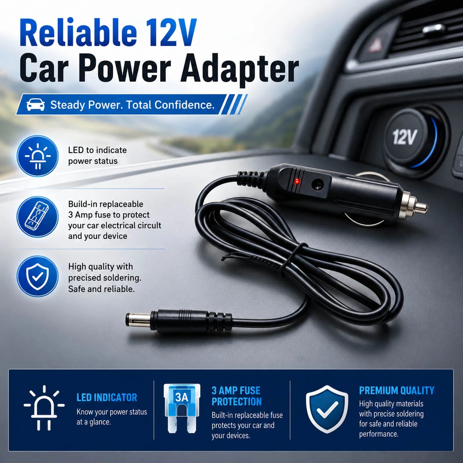 Portable 12V Car Cigarette Lighter Plug Power Suppy Cord Cable DC