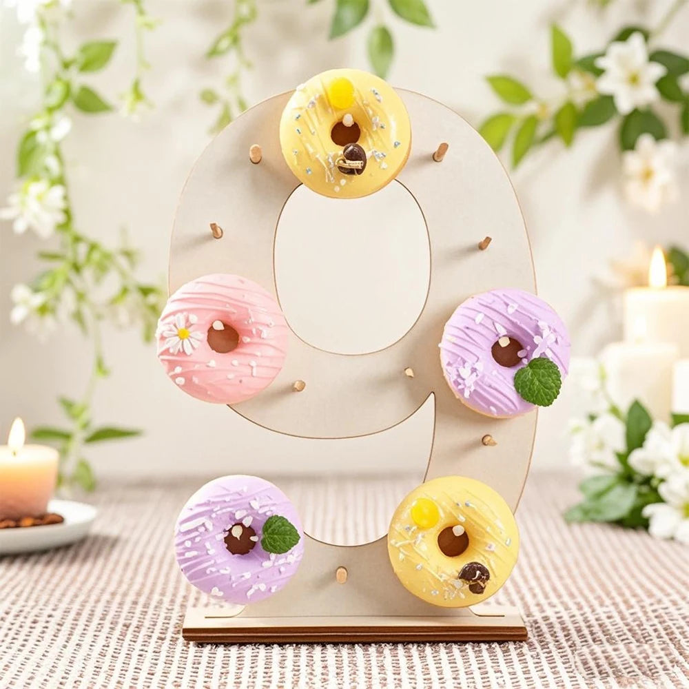Number 0-9 Wooden Donut Display Stand Holder Board Table Desserts Stand for Birthday Party Wedding Baby Shower Zpaxo