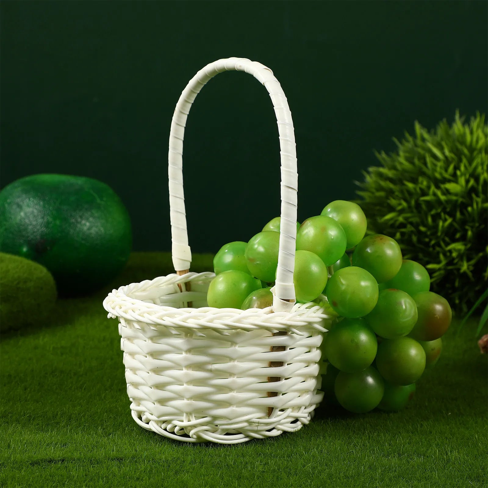 Woven Rattan Basket Round Handheld Storage Long Handle Picnic Flower