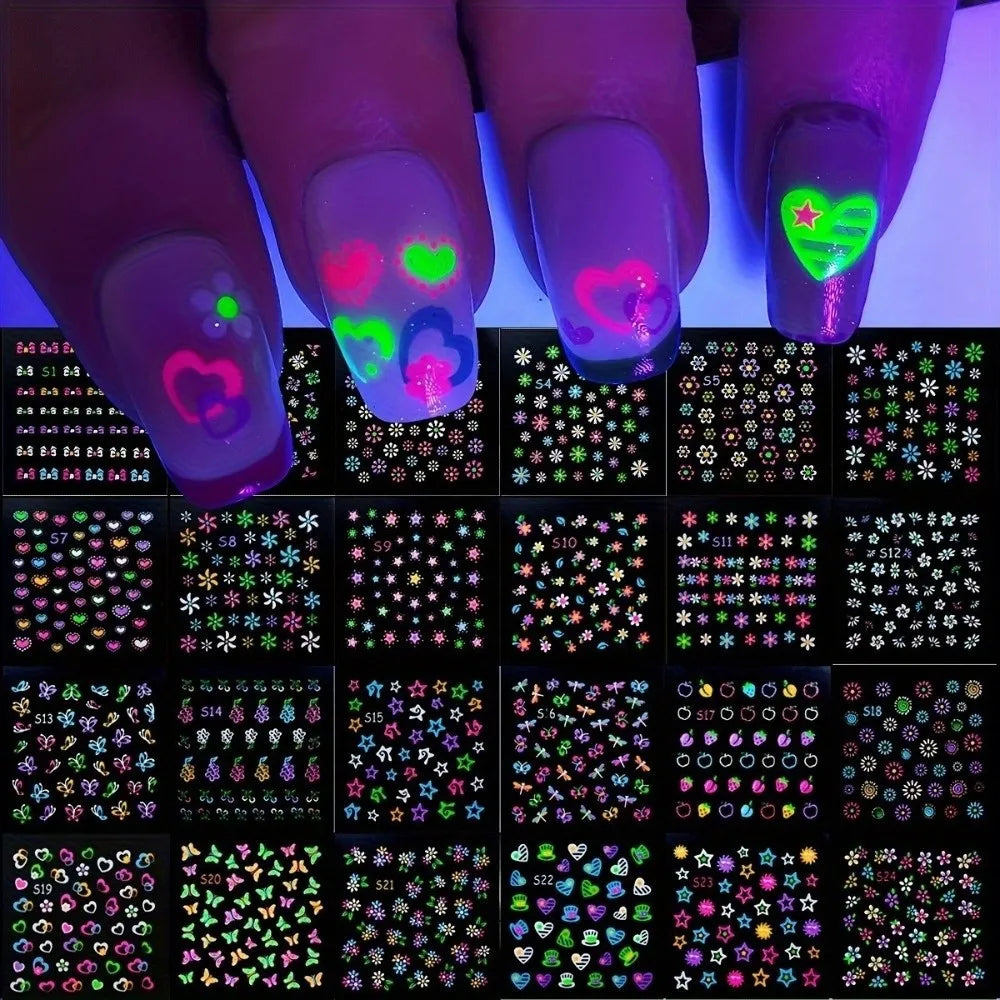 Glittery 3D Nail Stickers Glossy Colorful Glow In The Dark Nail Stickers Fluorescence Floral Design Neon Nail Stickers Zpaxo -