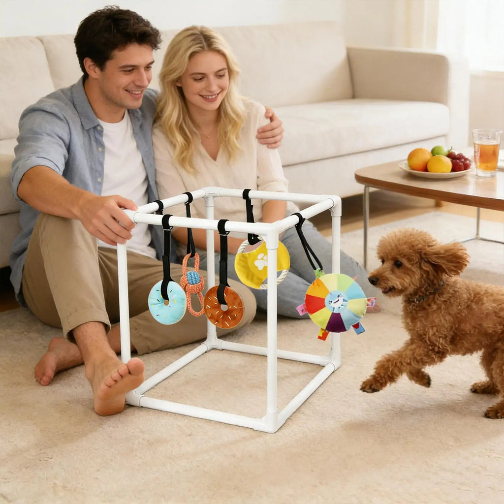 Dog Gym Assembly Frame Training Tool with 5 Toys Dog Playground Equipment for Training Teething Calming Indoor Floor Play Zpaxo