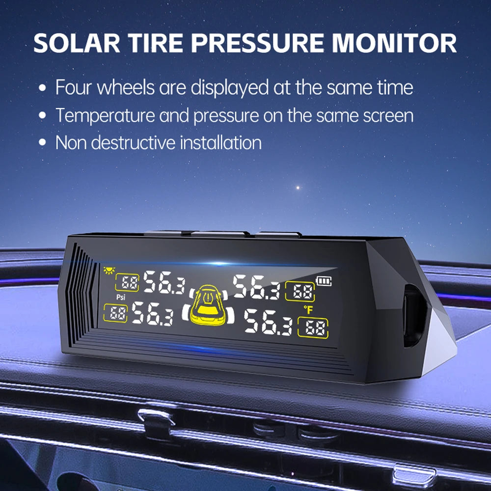 4 Exteral Sensors T21 Digital LCD Display USB Solar TPMS 0-6 8Bar Car
