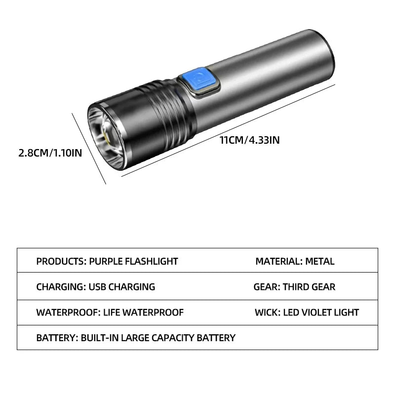 USB Rechargeable UV Flashlight Pet Urine Detection Resin Cured 395nm Zpaxo