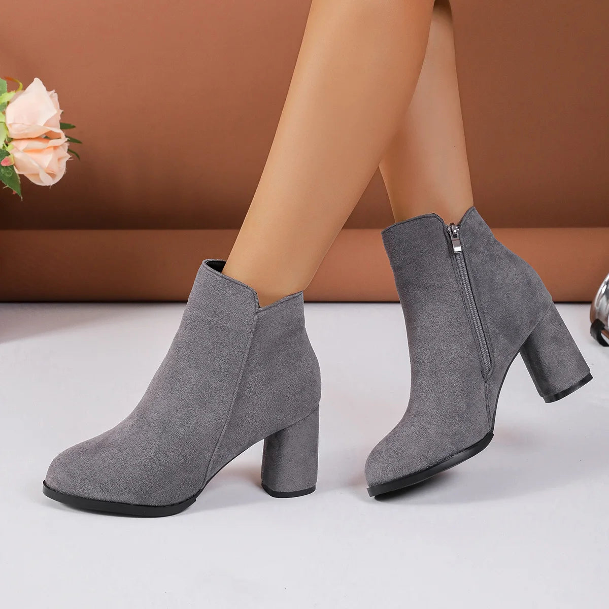 Women Ankle Boots Large Size Fashion Pointed Shoes for Women Side Zipper Stretch Middle Heel Short Boots Women Botas De Mujer Zpaxo