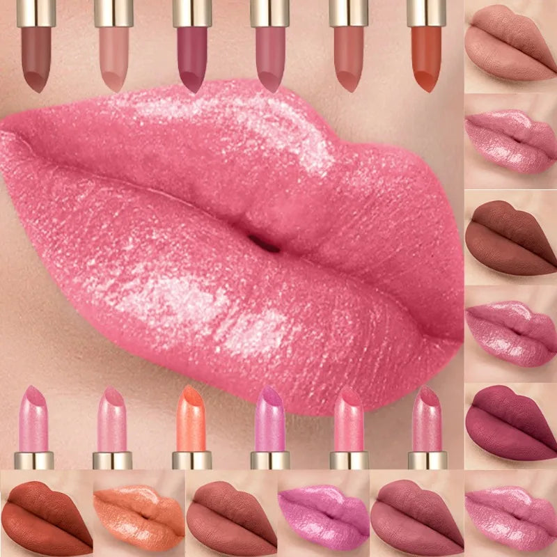 12 Gold Tube Lipstick Matte Pearlescent Glitter Shiny Velvet