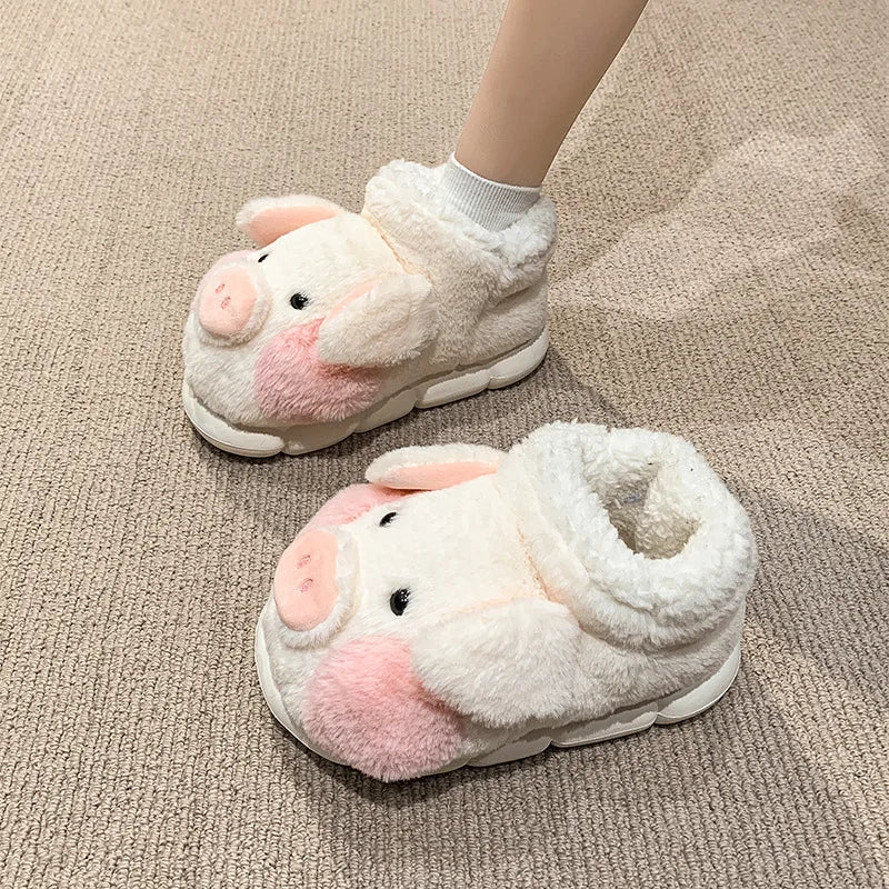 SHAJI Women Cute Cartoon Pig Plush Slippers Autumn Winter Thick Sole Zpaxo