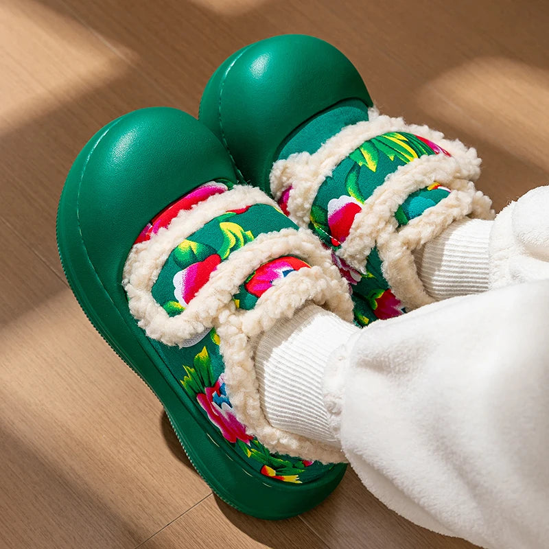 Unisex Winter Flower Pattern Slippers Cloud Feel Platform Warm Shoes