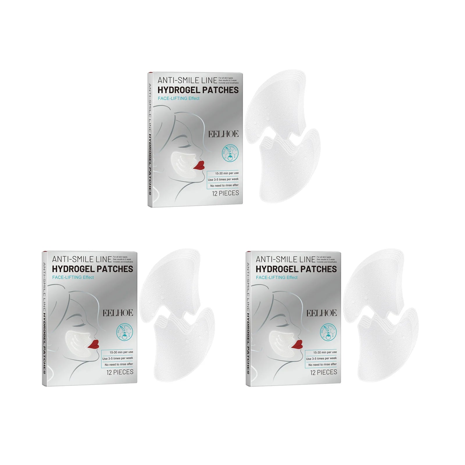 Eelhoe Smile Lines Patches – Nasolabial Fold Anti-Aging Mask Anti-Aging Face Patch Zpaxo 3 x 12Pcs Boxed