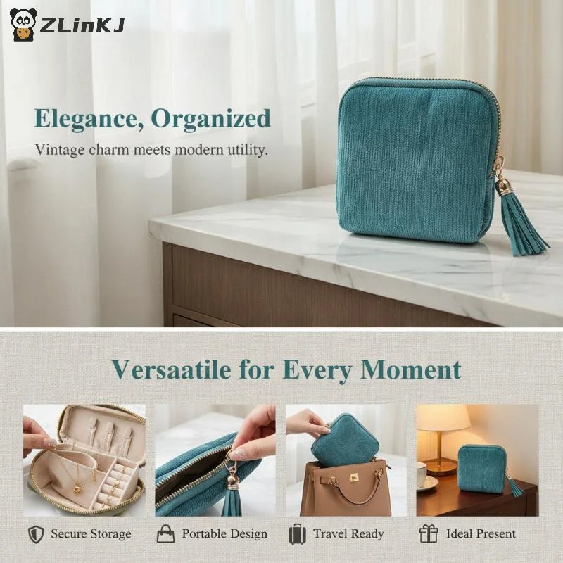 ▶1Pcs Soft Velvet Jewelry Pouch Multiple Inner Compartments Tassel Zipper For Travel Daily Use Storing Rings Earrings Necklaces Zpaxo