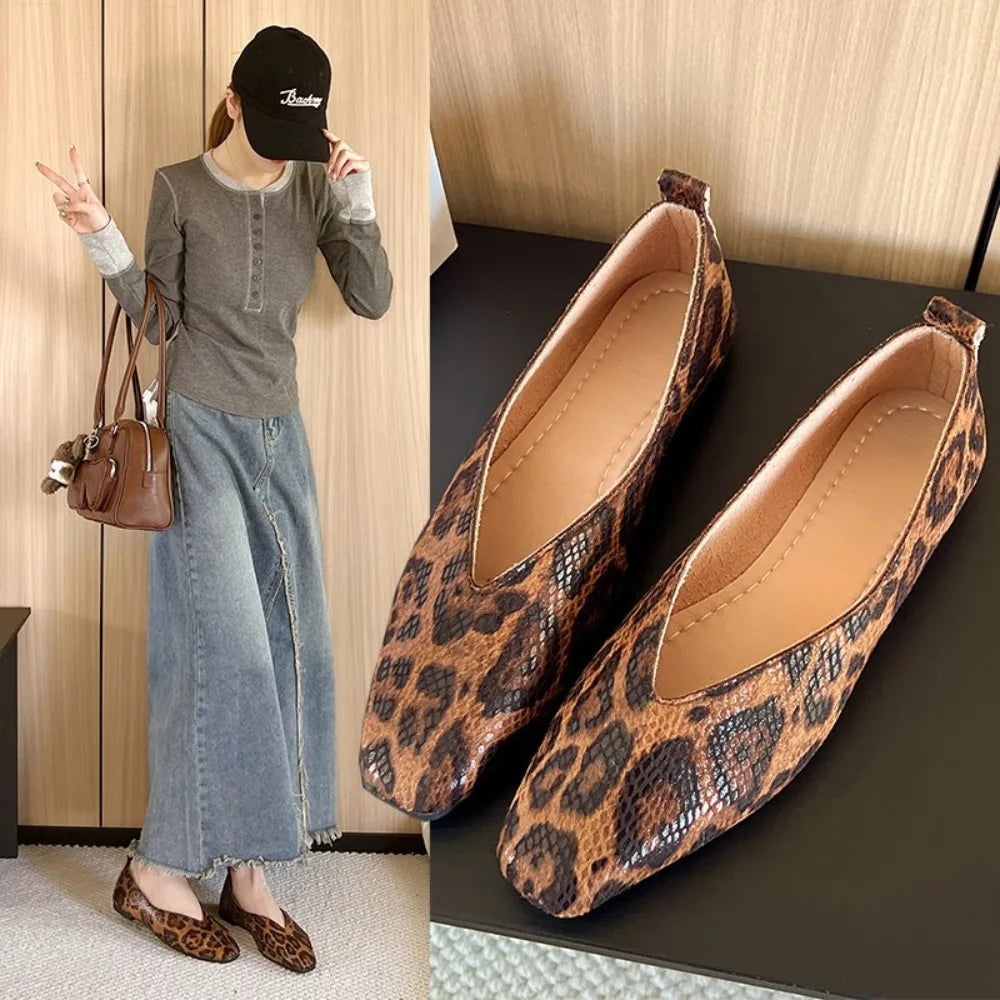 Big 35-43Snake Pattern Leather Woman Square Toe Shallow Ballet Flats