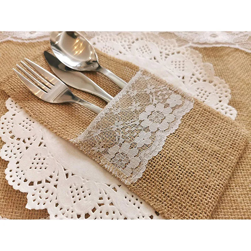 Burlap Lace Cutlery Pouch Supplies Holder Bag Hessian Rustic Jute