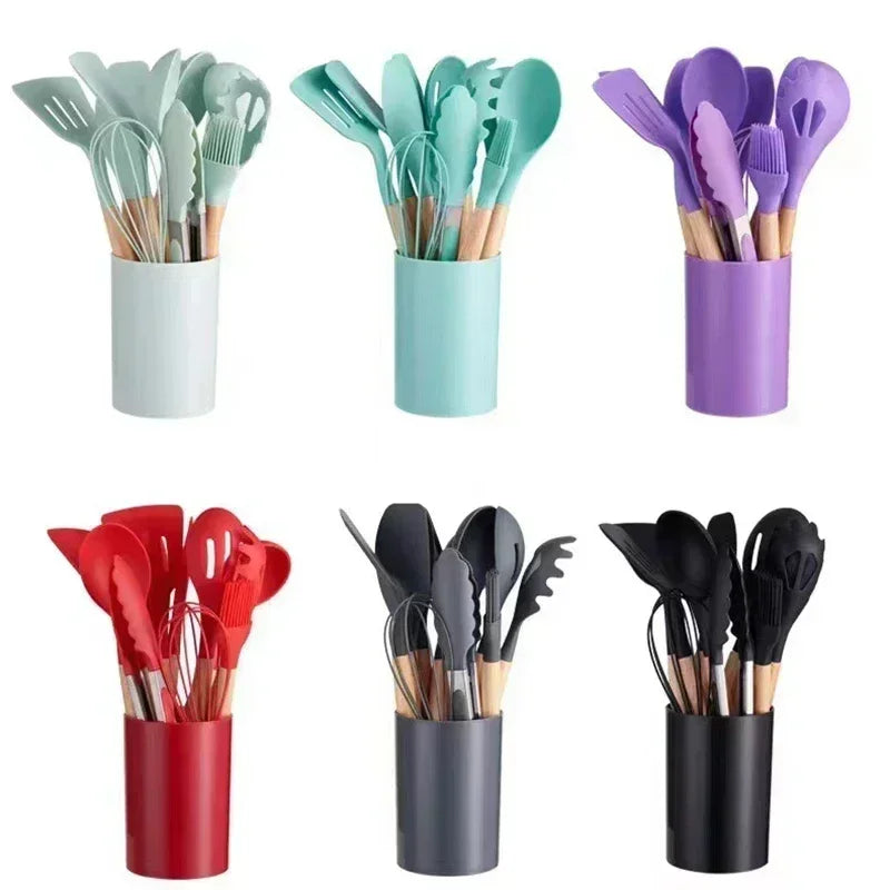 12-Piece Silicone Kitchen Utensils Set with Wooden Handles Cooking Utensil Set Zpaxo