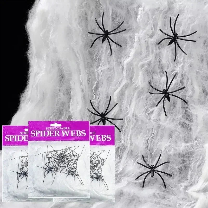 Stretchable Spider Web Decor Fake Spiders Halloween Creepy Indoor