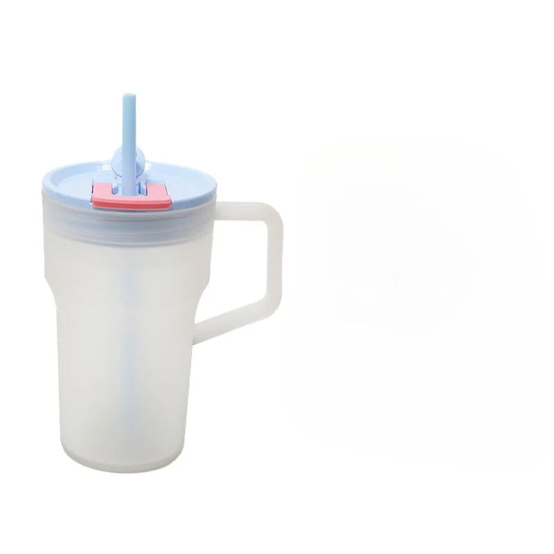 680ML Student Summer Frosted Tea Cup, Korean Style Large Capacity Handle Plastic Double Drinking Straw Cup, Ice King Water Cup Zpaxo Blue