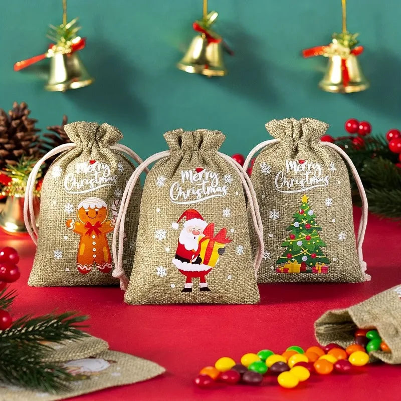 Christmas Burlap Bags Drawstring Linen Sacks Reindeer Tree Designs
