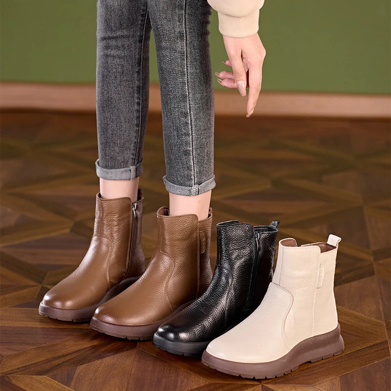 Women Leather Ankle Boots 2026 Round Toe Side Zipper Chunky Sole Zpaxo