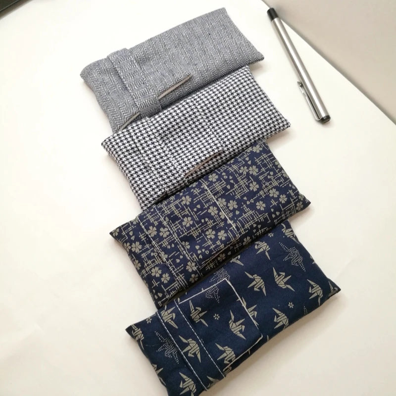 National Wind Cloth Art Pen Bag 3 holes Pen Bag Pen Case Protection Case Portable Pen Bag Blue Checkered Cherry Zpaxo
