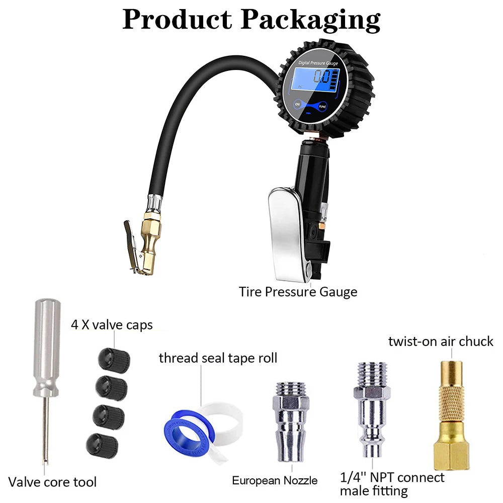 Tire Pressure Inflator Gauge 200PSI Air Line Clip-on Tyre Pump