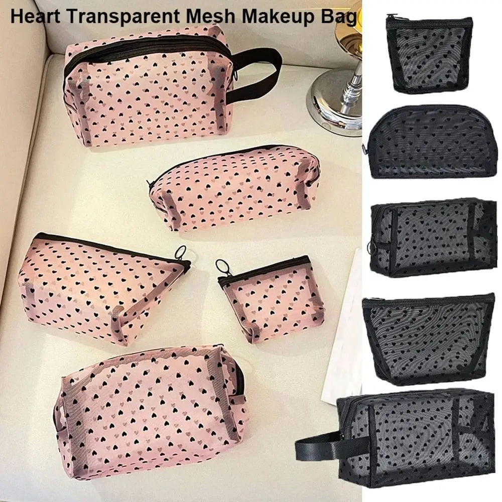 New Heart Transparent Mesh Makeup Bag Black/Pink Multifunction Ladies Toiletry Storage Bag Portable Women Cosmetic Storage Pouch Zpaxo
