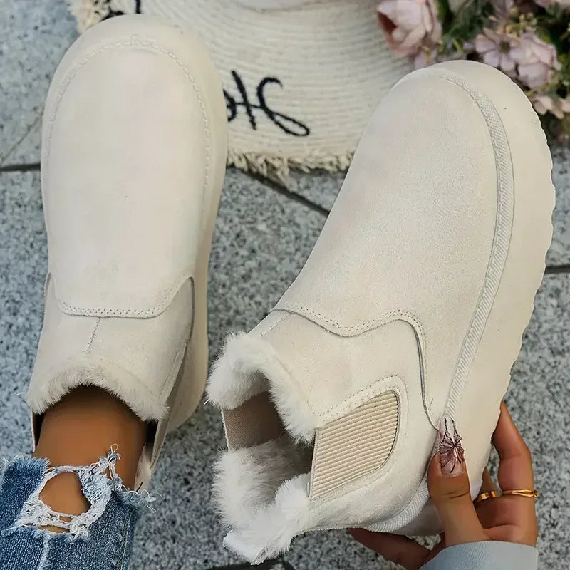 Women Short Plush Warm Snow Boots 2025 New Luxury Designer Shoes Casual Fur Chelsea Ankle Boots Flats Platform Ladies Shoes Zpaxo Beige 36