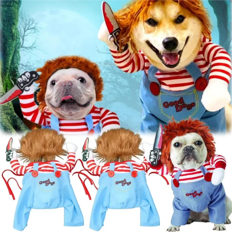 Pet Halloween Costume Knife Wig Scary Dog Roleplay Outfit Christmas