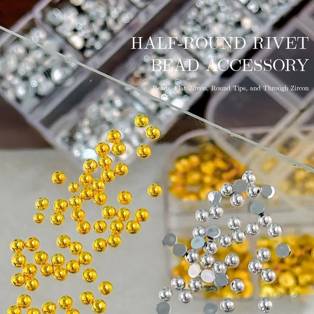Gold Silver 3D Half Round Pearls Nail Charms Mixed-sizes Caviar Beads Zpaxo