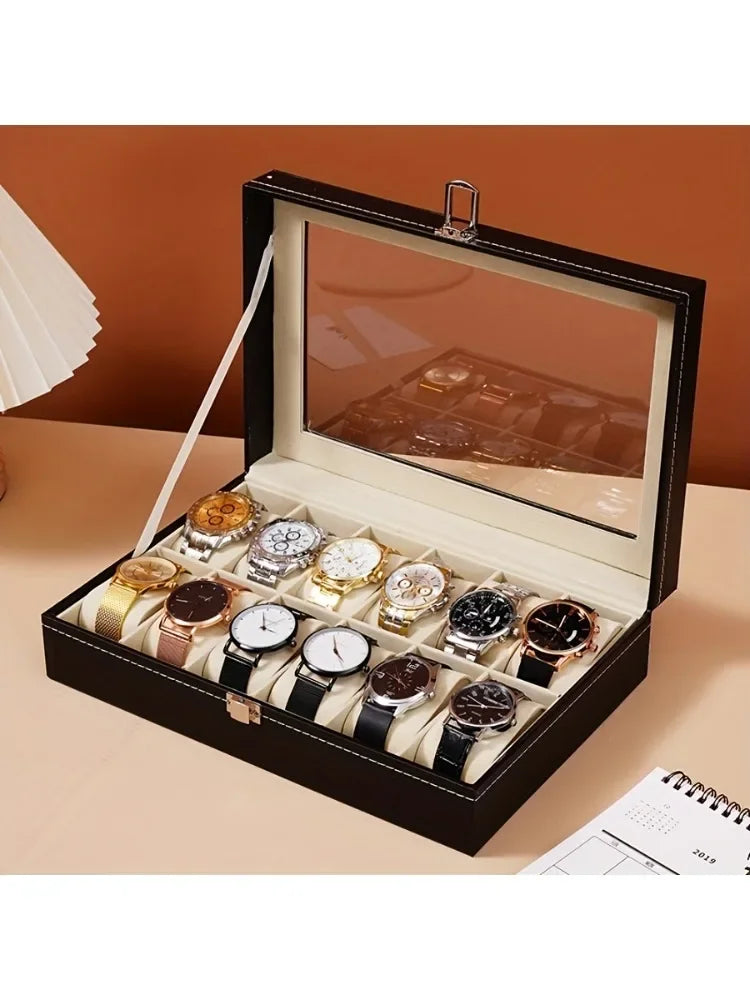 Watch Organizer 12-Slot Display Case Lock Removable Pillows Synthetic