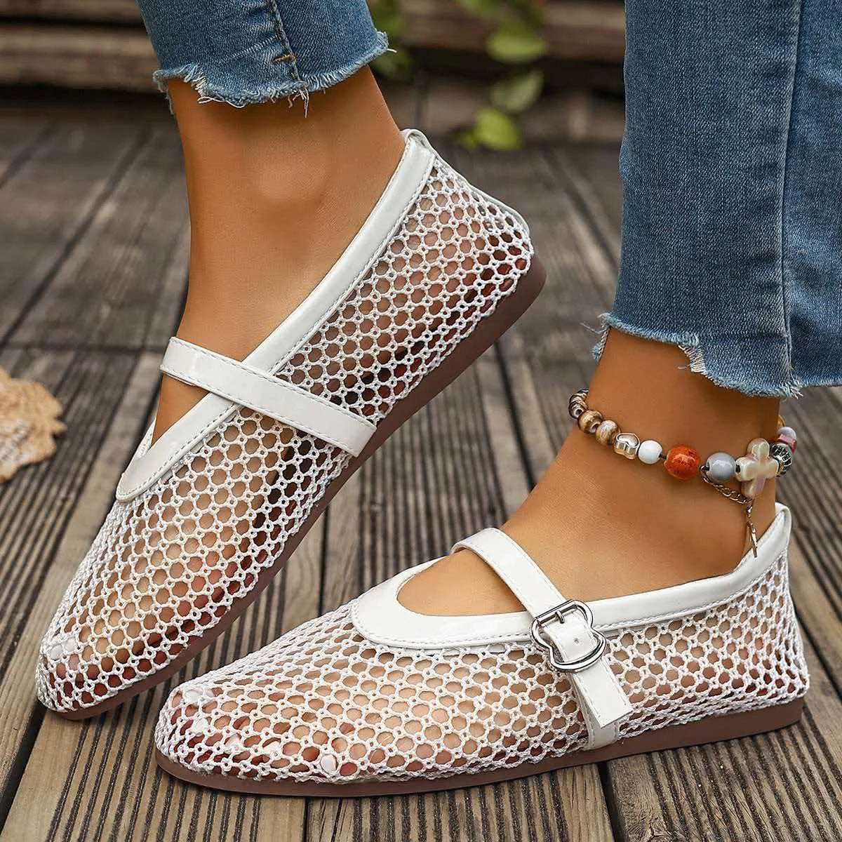 Women Sandals Mesh Breathable Flat Bottom Shoes Women Summer Large Size Hollow Out Shoes Women Comfortable Buckle Strap Sandals Zpaxo WHITE 40
