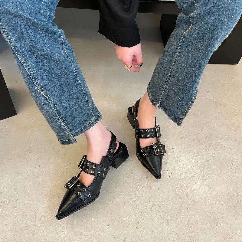 Women Sandals French Pointed Toe Mary Jane Shoes 2024 Summer Retro Zpaxo