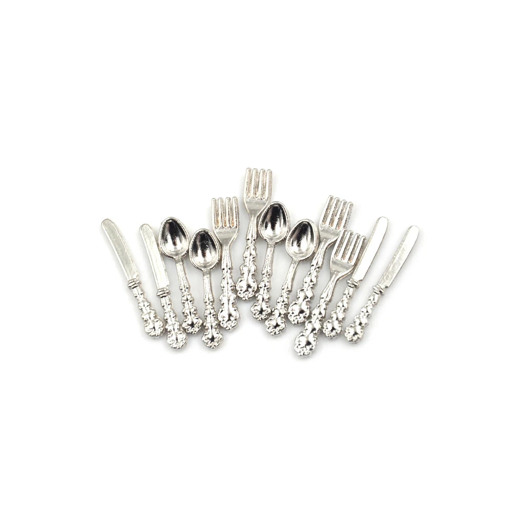 ▶12Pcs/set 1:12 Dollhouse Miniature Fork Knife Soup Tableware Kitchen Furniture Toys Zpaxo Silver