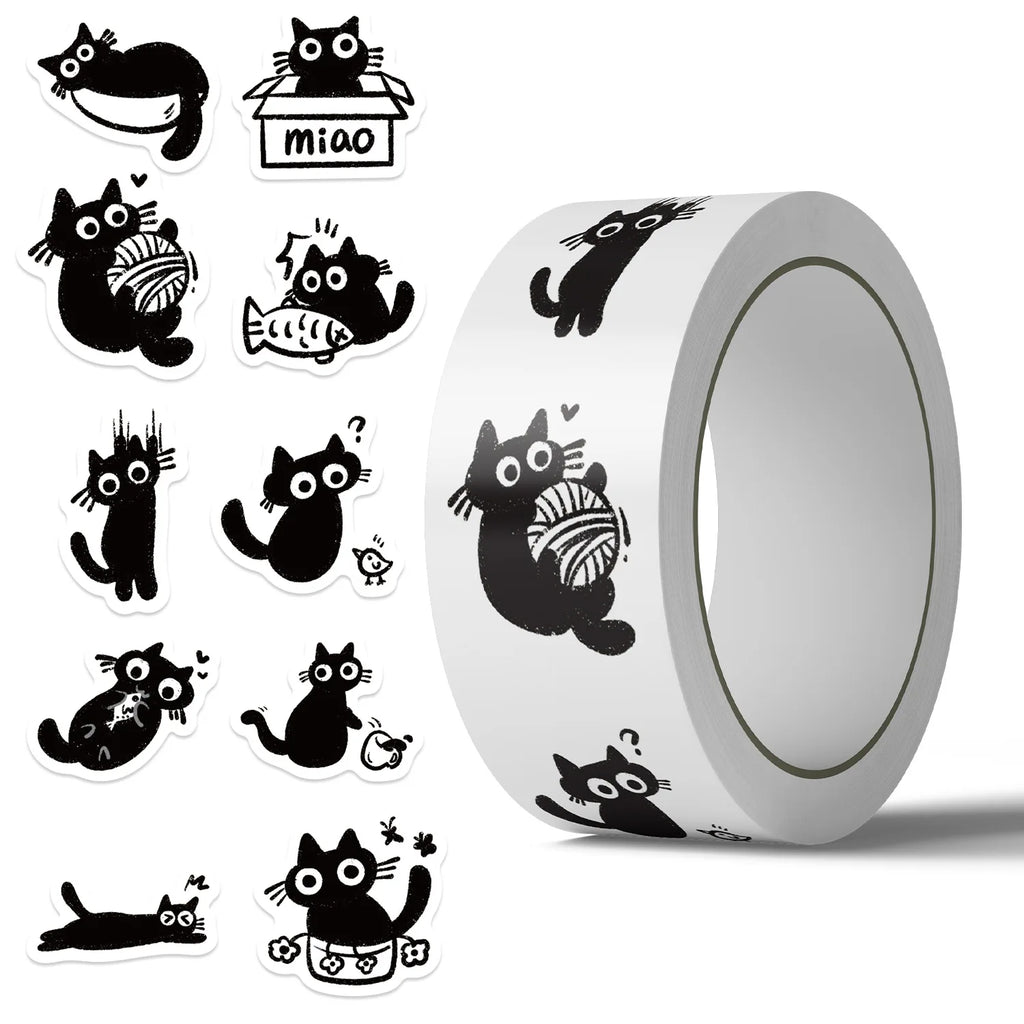 500PCS/Roll Cartoon Black Cat Graffiti Roll Stickers Pack Gift Sealing Stickers Decorative Luggage Notebook Waterproof Sticker Zpaxo 500pcs