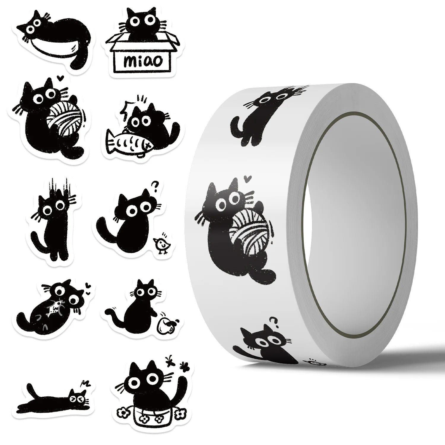 500PCS/Roll Cartoon Black Cat Graffiti Roll Stickers Pack Gift Sealing Stickers Decorative Luggage Notebook Waterproof Sticker Zpaxo 500pcs