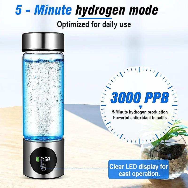 Portable Hydrogen Water Generator Bottle, SPE+PEM Dual Chamber Ionizer, Electrolytic Hydrogen Water Cup with PPB & Time Display Zpaxo