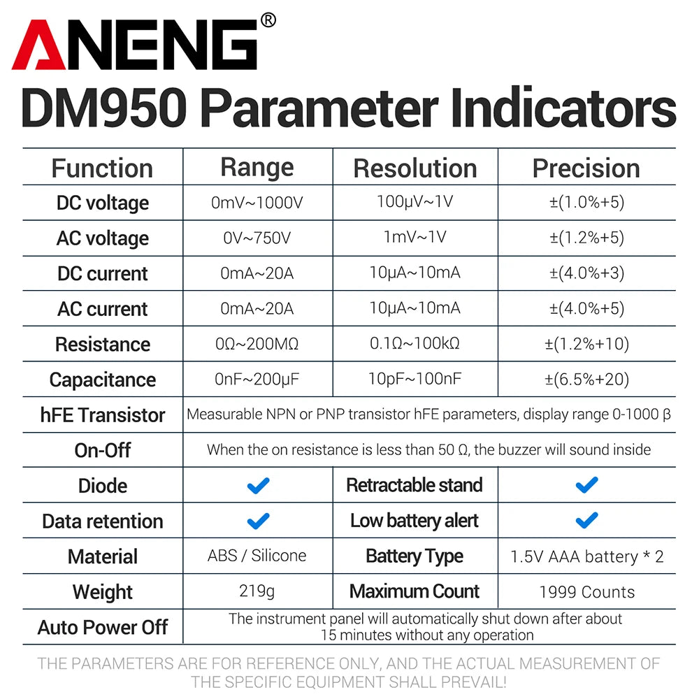 ANENG DM950 Multifunctional 1999 Count AC DC Voltage Current hFE