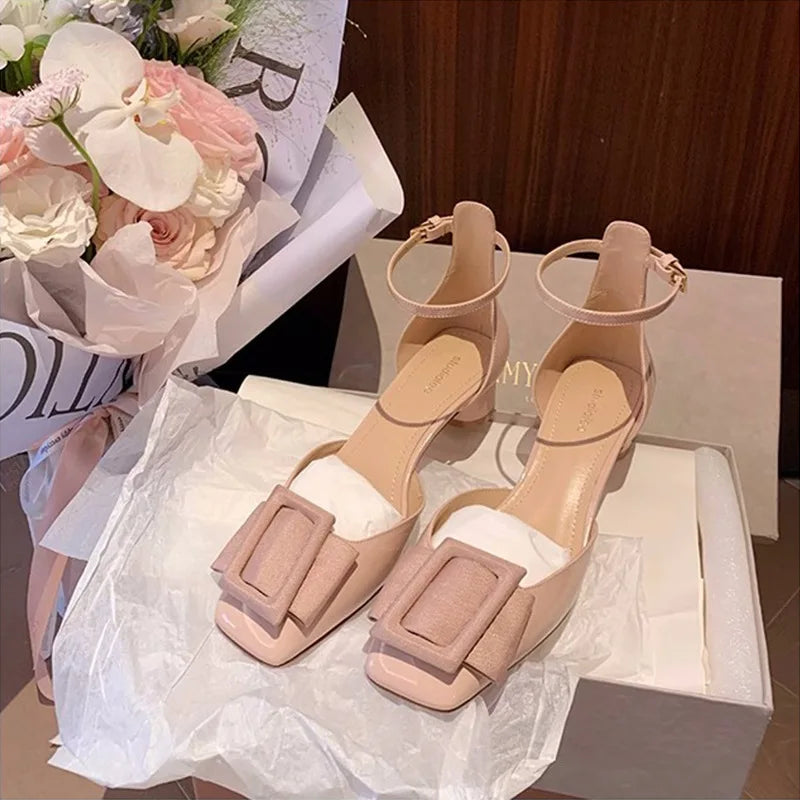 Women's Sandals Square Head Straight Belt Medium Heeled Shoes Single Shoe Diagonal Buckle Sandals Female Summer Shoes for Women Zpaxo