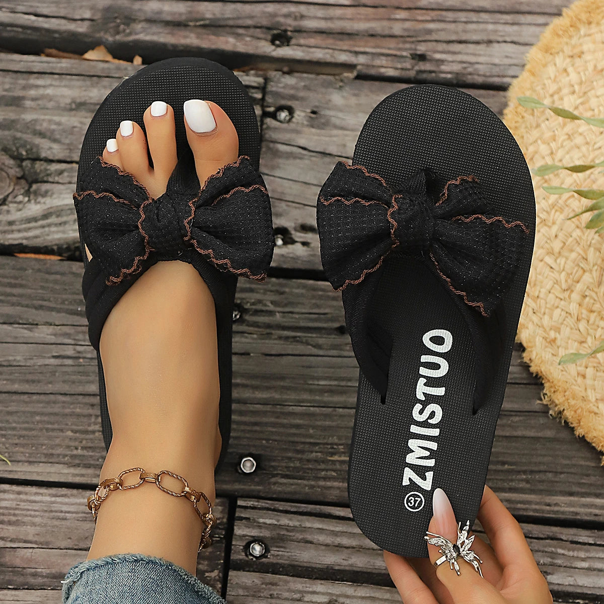 Women Slippers Platform Slides Bow Summer Sandals Indoor Outdoor Zpaxo black 43