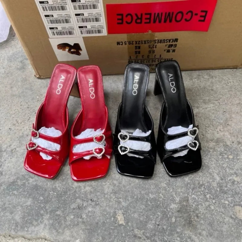 Women's Slippers 2024 New Summer Square Toe Rhinestone Buckle High Heels Casual Sexy Slim Heels Women's Cool Slippers Women's Zpaxo