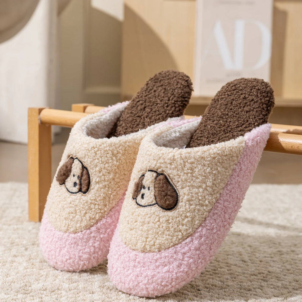 Retro Contrast Dog Embroidery Plush Slippers Autumn Winter Women&men