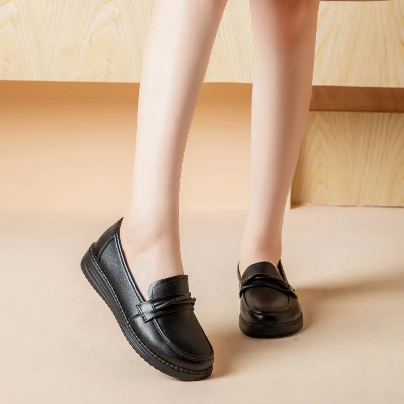 Black Leather Loafers Women Knot Detail Round Toe Non Slip Thick Sole Zpaxo