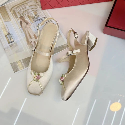Women's Shoes Single Shoe Women's Silk Satin Thick Heel Square Toe Mary Jane Women's Sandals Lolita Shoes Pink Heels Zpaxo Beige 40