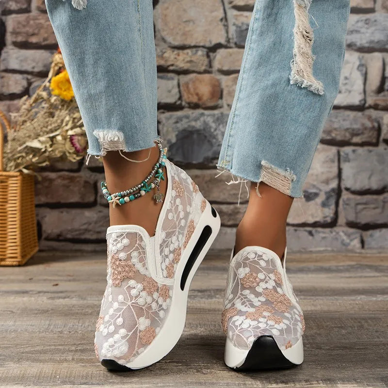 2025 New Women Casual Shoes Mesh Breathable Sneakers Thick Bottom Slip on Shoes Women Espadrille Lace Embroidered Women Sneakers Zpaxo Pink 40