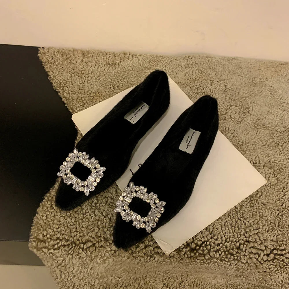 Flat Shoes for Women's Autumn Winter Rhinestone Pointed Toe Hairy Shoes Outerwear Plus Velvet Plus Plus Large Size Cotton Shoes Zpaxo Black 36