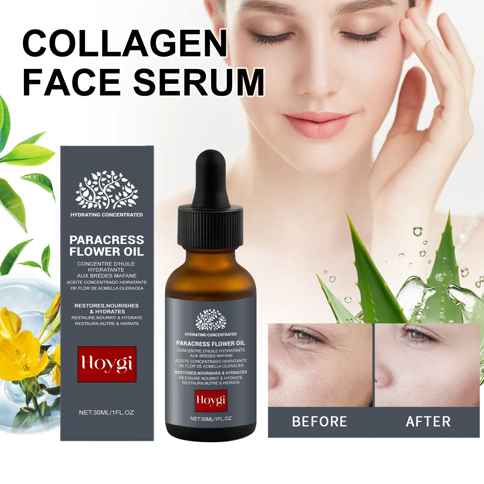 Hoygi Collagen Face Serum 30ml Firming Line Smoothing Essence Golden Button Flower Extract for Youthful Glow Sensitive Skin Zpaxo