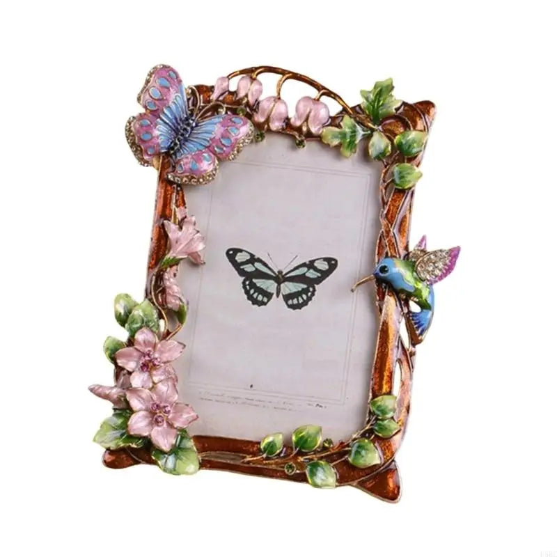 Antique Enamel Floral Bird Photo Frame Rhinestones Accent Tabletop